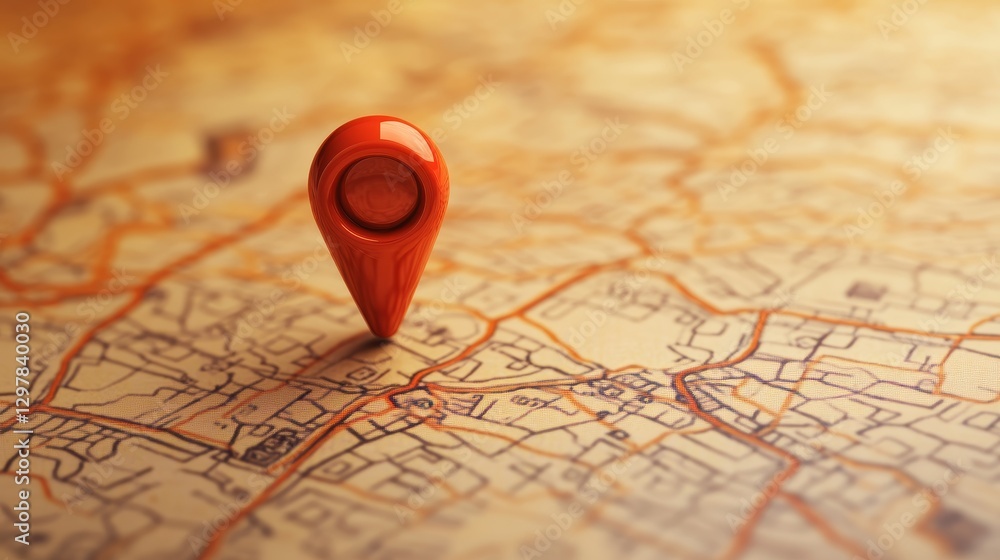 Red navigation pin on a map with orange background. Red navigation pin on a map with orange background.