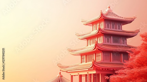 Wallpaper Mural Red temple with a bamboo roof in traditional Chinese style. China and Japan mascot, pagoda castle with columns and Japanese house. Copy space. Ancient oriental palace, decorative pavilion Torontodigital.ca
