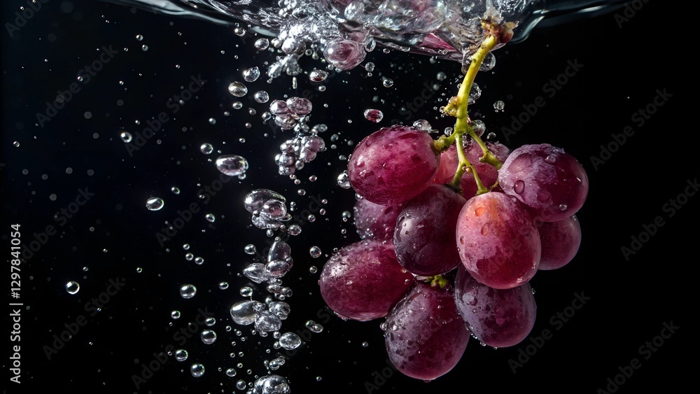 Grapes Submerged: A close-up view captures a vibrant bunch of red grapes descending into a splash of water, with droplets and bubbles creating a dynamic and refreshing visual. Grapes Submerged: A close-up view captures a vibrant bunch of red grapes descending into a splash of water, with droplets and bubbles creating a dynamic and refreshing visual.