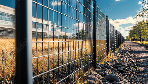 nice metal fence surrounds grassy area along rocky path, creating serene atmosphere