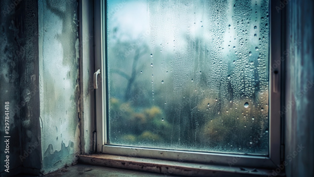 Naklejka premium A Window Pane Veiled in Misty Condensation, Revealing a Blurred Outdoor Scene Through Water Droplets