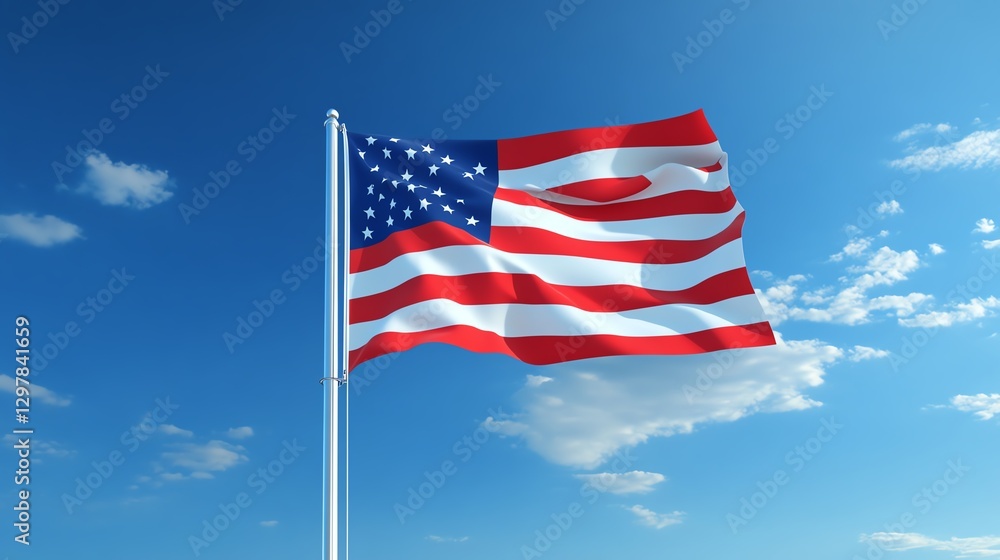 Fototapeta premium Waving American flag against blue sky.
