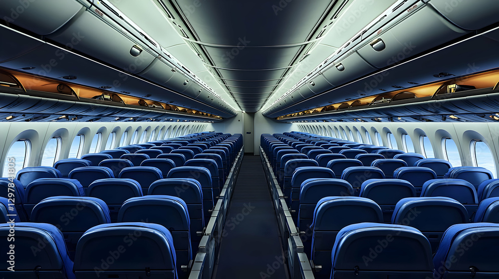Fototapeta premium Airplane Interior View Featuring Blue Seats and Overhead Compartments Under Artificial Lighting