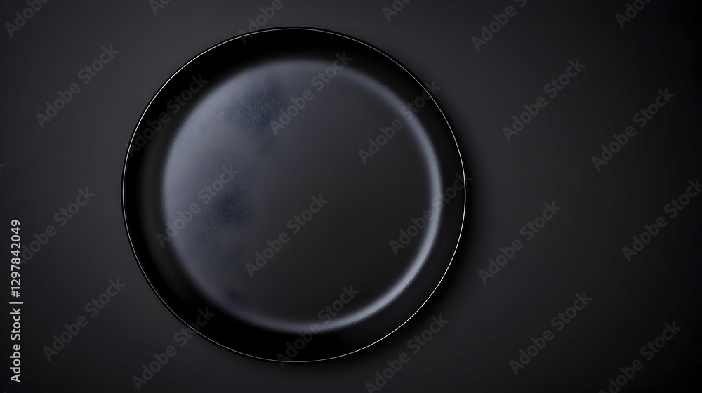 Dark Black Circular Plate Isolated on a Black Surface with Textured Interior and Shadow