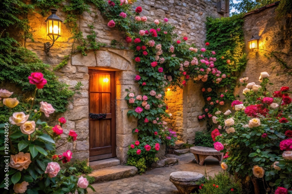 Fototapeta premium Enchanted Courtyard with Blooming Roses and Glowing Lanterns, a Serene Evening Scene
