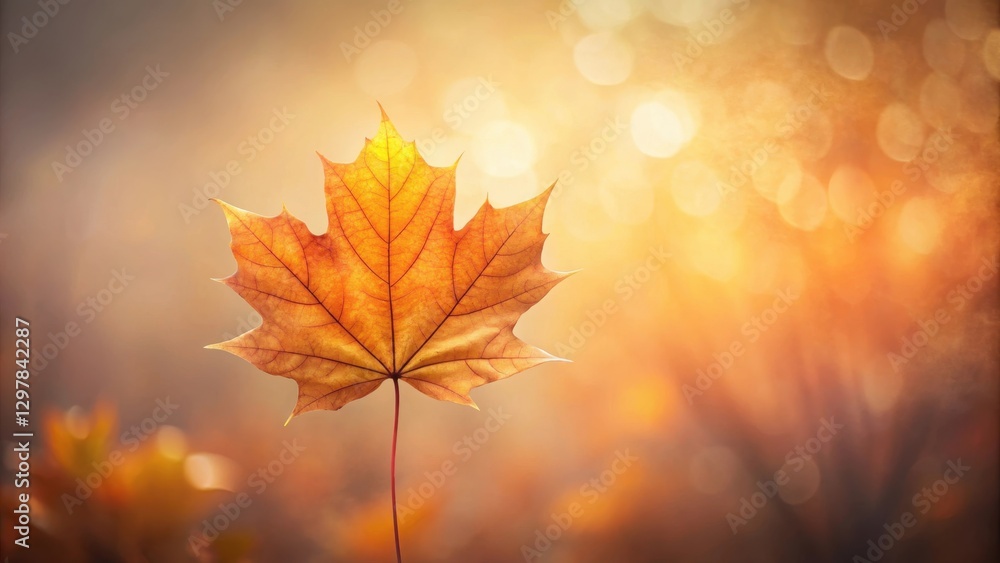 Fototapeta premium Autumnal Glow A Single Maple Leaf Illuminated by Golden Sunlight in a Defocused Forest Setting