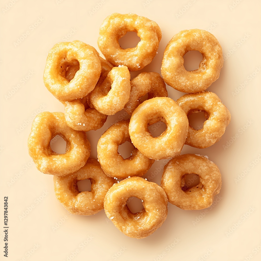 Honey rings cereal, close-up, beige background, breakfast food