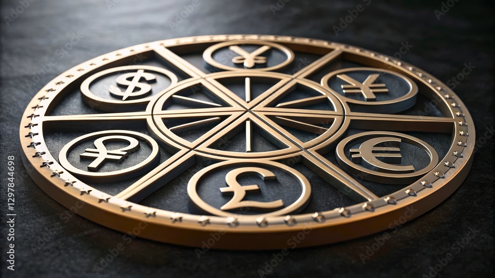 Fototapeta premium Golden emblem featuring various international currency symbols on a dark textured surface