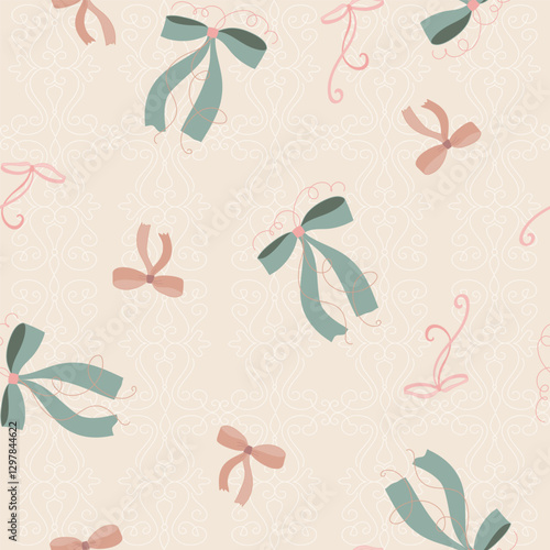 Seamless vintage pattern in shabby chic style. Elegant floral motif, nostalgic roses and bows, delicate pastel colors. Vector