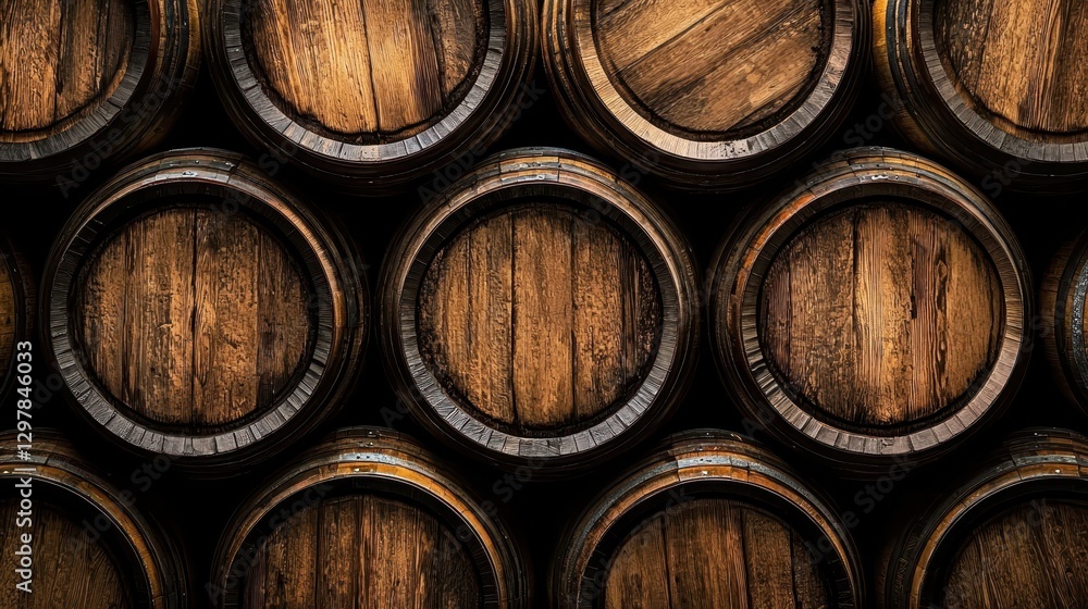 Aesthetic background featuring stacked brown wooden barrels. Aesthetic background featuring stacked brown wooden barrels.