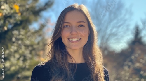 Smiling young woman portrait, naturally illuminated with outdoor backdrop