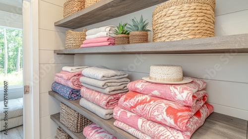 Organized Laundry Room Shelves with Towels and Baskets photo