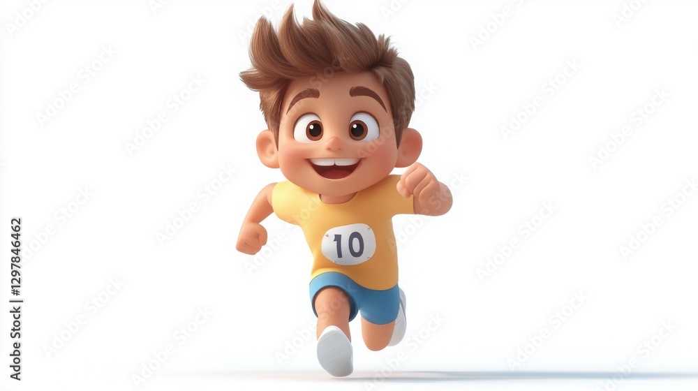 3d cartoon image of a smiling boy running happily during a race with a winning expression on his face 3d cartoon image of a smiling boy running happily during a race with a winning expression on his face