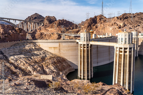 View of intake towers at Hoover dam. Famous hydroelectric power station on the border of Arizona and Nevada. 