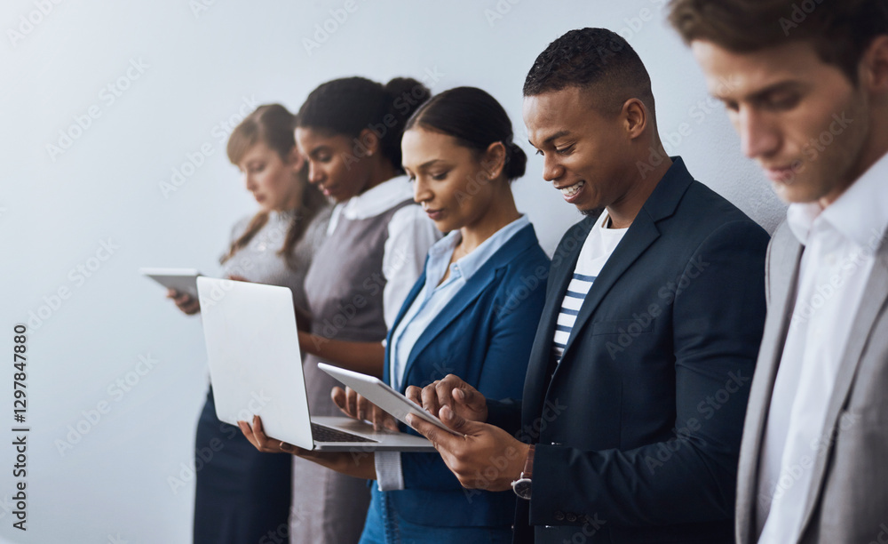 Technology, candidate or business people waiting for opportunity, hiring app or job interview in office. Sign up, phone or applicant on tablet in corporate for employment recruitment registration Technology, candidate or business people waiting for opportunity, hiring app or job interview in office. Sign up, phone or applicant on tablet in corporate for employment recruitment registration