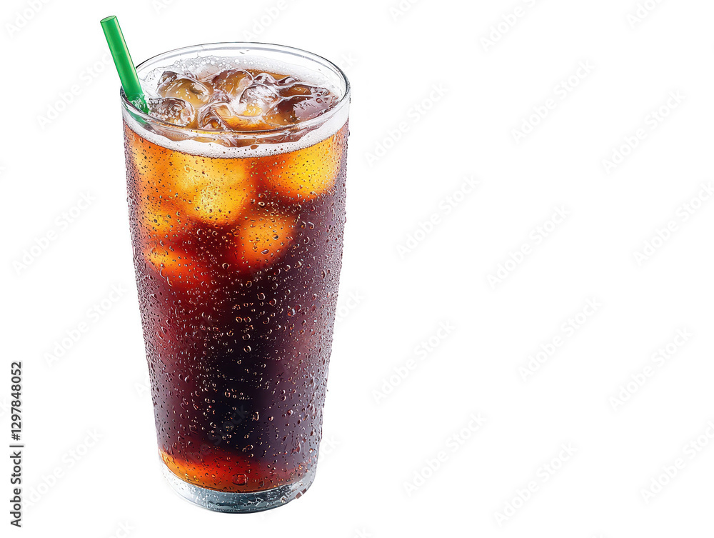Refreshing glass of icecold cola with a green straw, the perfect summer drink icecold Refreshing glass of icecold cola with a green straw, the perfect summer drink icecold