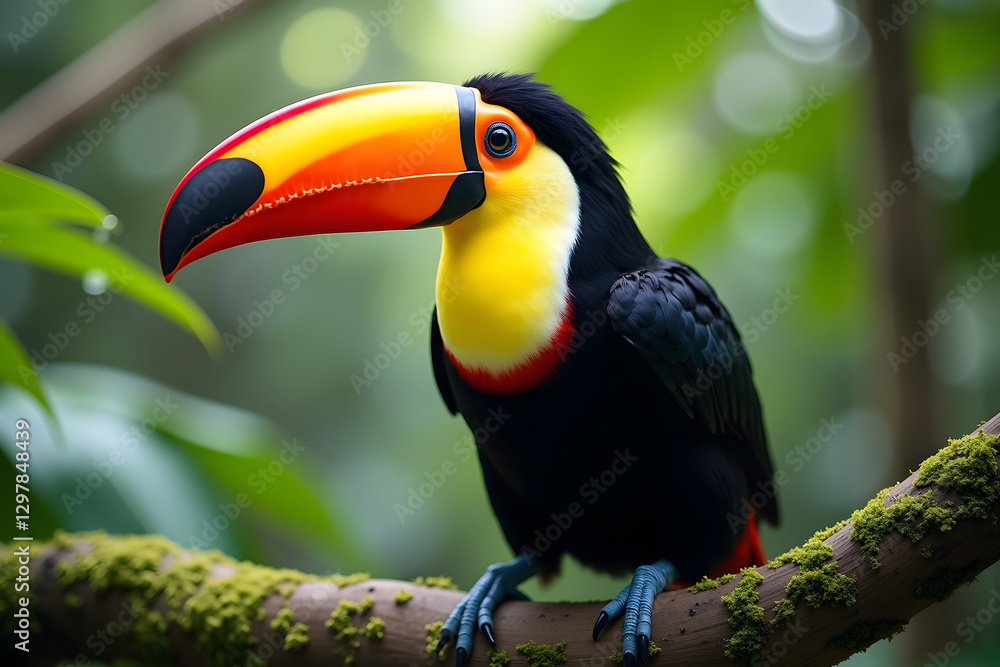 A close-up of a toucan perched on a mossy branch, showcasing its vibrant beak in shades of orange, yellow, and black against a lush green background A close-up of a toucan perched on a mossy branch, showcasing its vibrant beak in shades of orange, yellow, and black against a lush green background