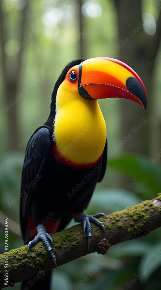 Naklejka premium A close-up of a toucan perched on a mossy branch, its massive beak glowing in vibrant shades of orange, yellow, and black against a lush green background