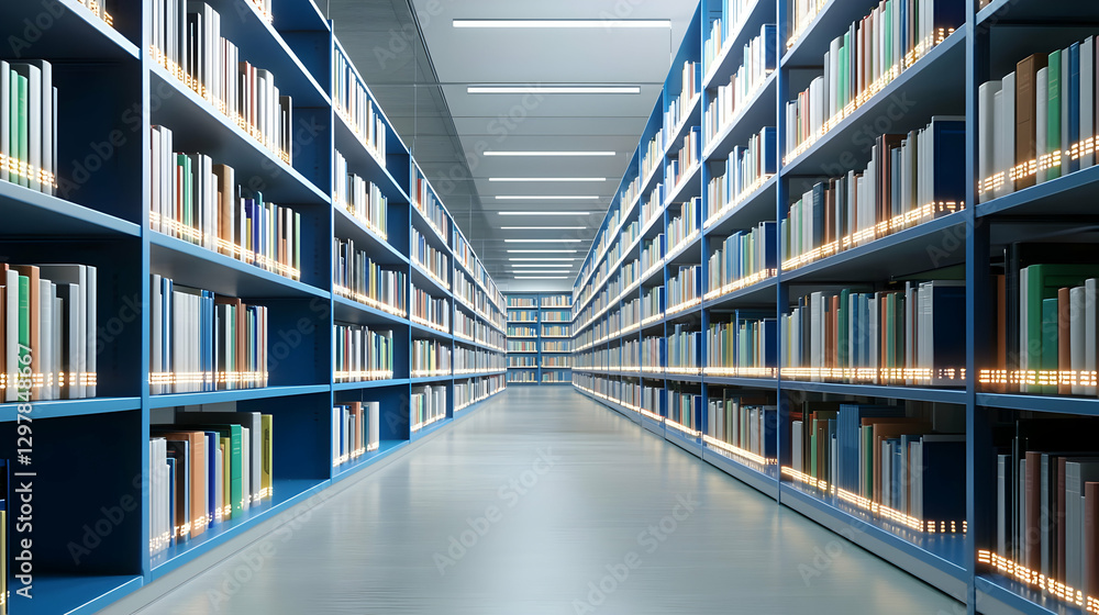 Interior View Of A Library With Rows Of Books Shelves And Bright Overhead Lighting Interior View Of A Library With Rows Of Books Shelves And Bright Overhead Lighting