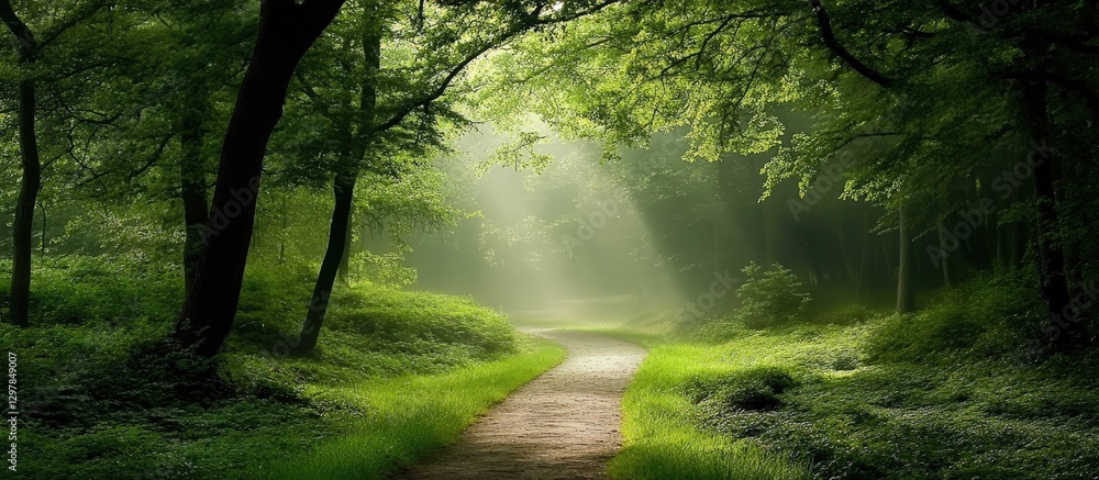 Obraz premium A serene pathway through a lush forest.