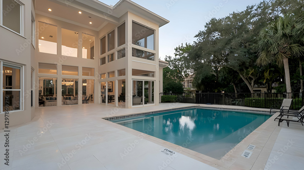 Fototapeta premium Luxury Villa Exterior Featuring Swimming Pool and Expansive Windows