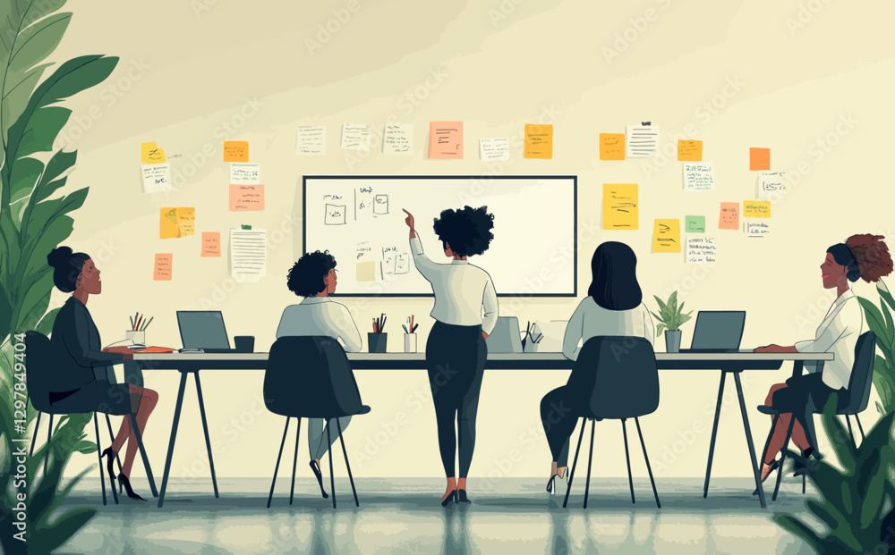 Business Workshop Concept: Vector Cartoon Illustration of Diverse Team Collaboration with Woman Presenting at Board Business Workshop Concept: Vector Cartoon Illustration of Diverse Team Collaboration with Woman Presenting at Board