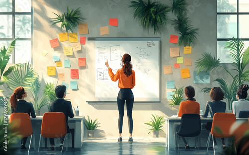 Business Workshop Concept: Vector Cartoon Illustration of Diverse Team Collaboration with Woman Presenting at Board