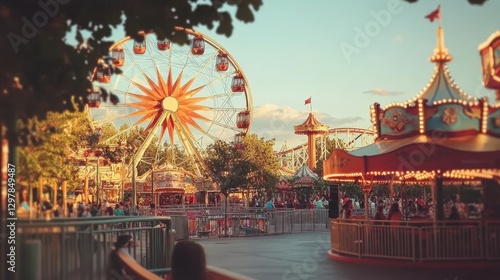 Fototapeta Naklejka Na Ścianę i Meble -  Captivating blurred vintage bokeh background showcasing a lively daytime theme park.