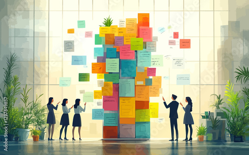 Business Workshop Concept: Vector Cartoon Illustration of Diverse Team Brainstorming with Sticky Notes and Light Bulb Ideas