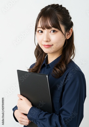 beautiful young woman standing upright confidently holding a black document folder with a smiling face on a white background
