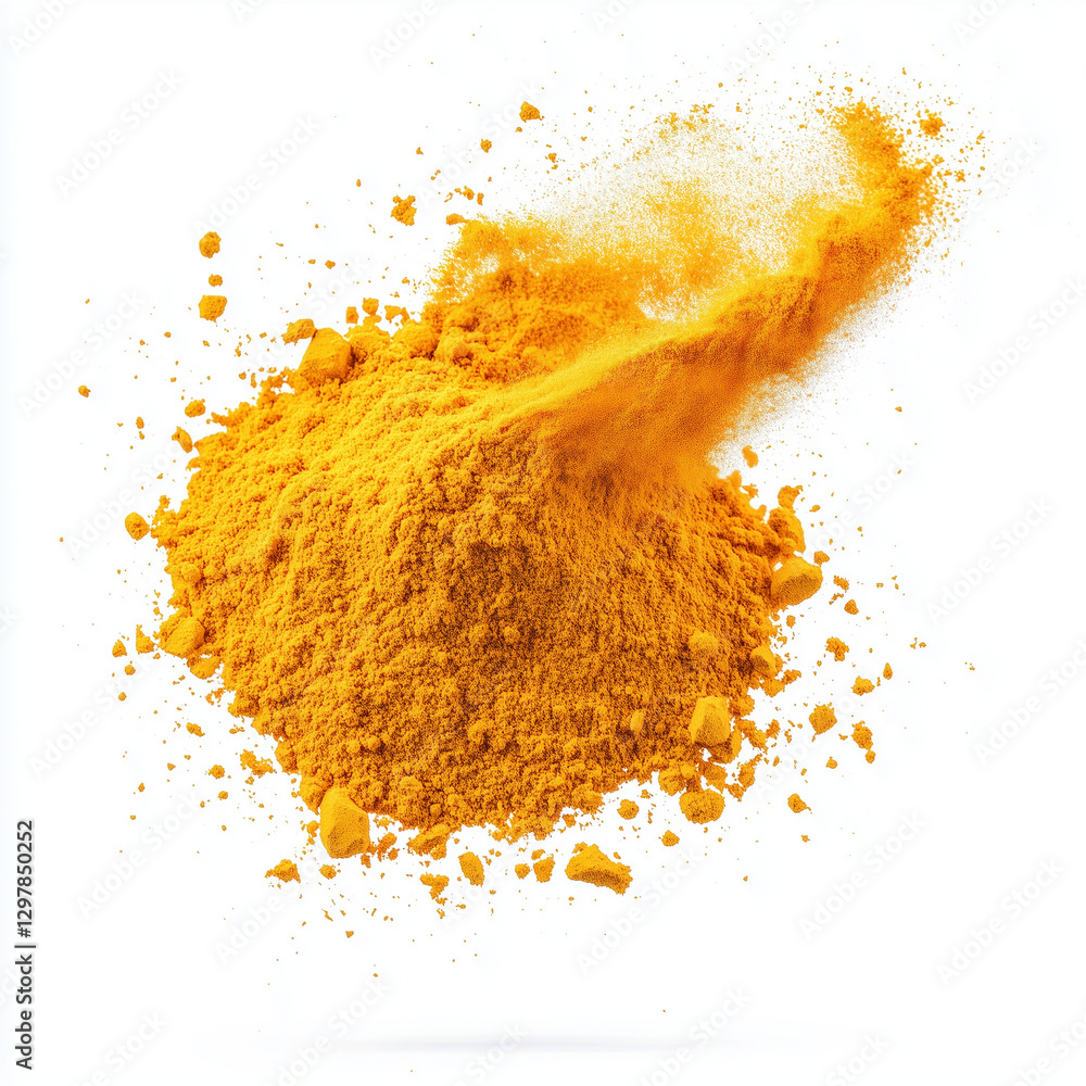 Turmeric Powder Flying – Isolated on White Background with Clipping Path Turmeric Powder Flying – Isolated on White Background with Clipping Path