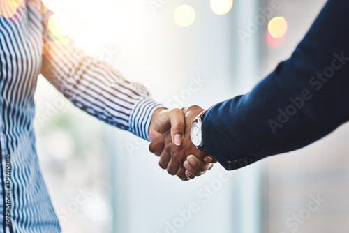 Business people, handshake and deal with partnership in office for meeting, contract and b2b opportunity. Agreement, job promotion and teamwork with employee shaking hands for welcome and greeting