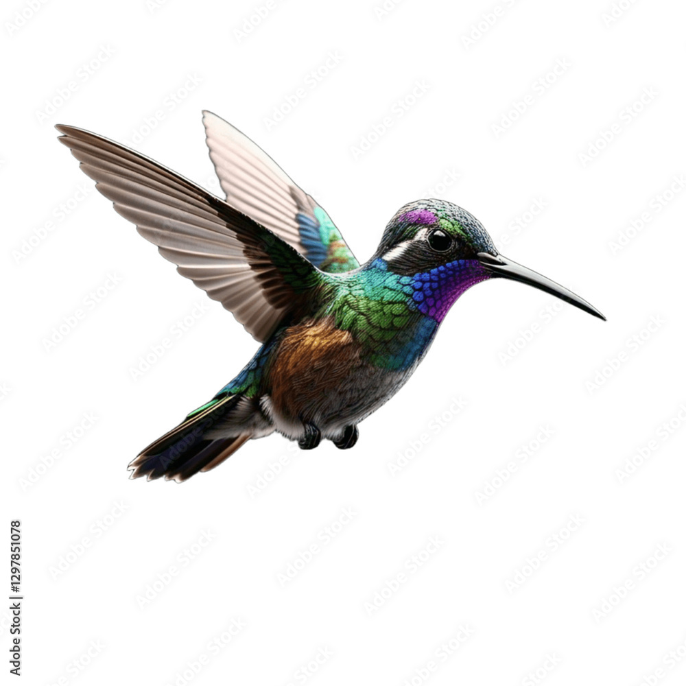 Fototapeta premium Stunning hummingbird in mid-flight with its vibrant feathers fully extended, captured in a moment of grace and speed, highlighting its beauty and delicacy against a clean and minimalist background.