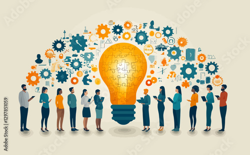 Business Brainstorm Concept: Flat Style Vector Illustration of Diverse Team Solving Light Bulb Puzzle in Professional Setting