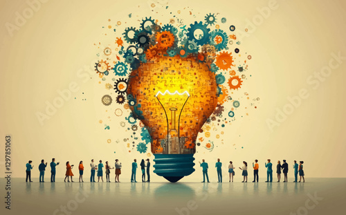 Business Brainstorm Concept: Flat Style Vector Illustration of Diverse Team Solving Light Bulb Puzzle in Professional Setting