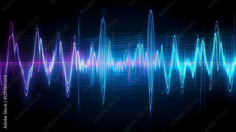 Abstract Digital Sound Wave Visualization with Glowing Blue and Purple Light on Black Background Abstract Digital Sound Wave Visualization with Glowing Blue and Purple Light on Black Background