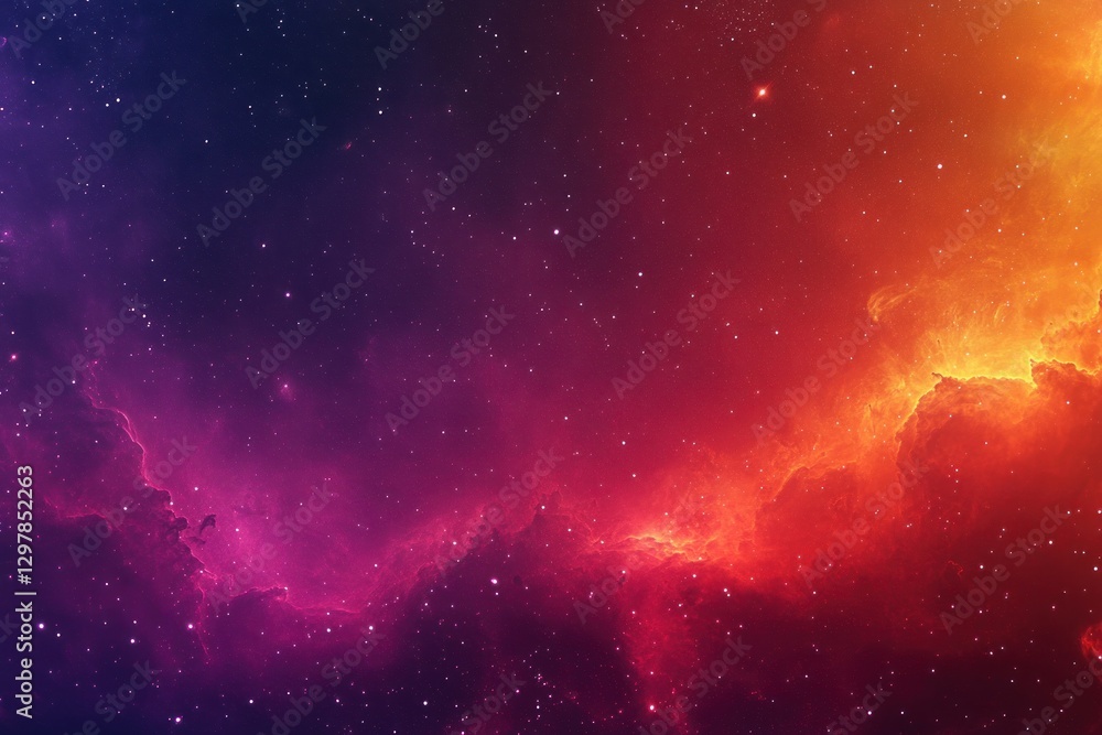 Naklejka premium Vibrant nebula with red, orange, and purple hues, scattered stars.
