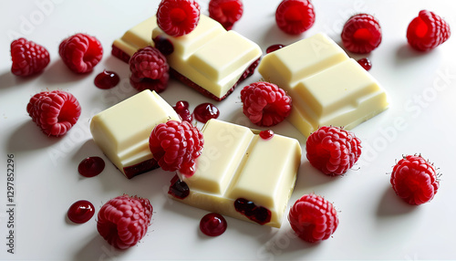 White chocolate pieces with fresh raspberries and chocolate shavings on a white background, highlighting a sweet and vibrant dessert arrangement. photo