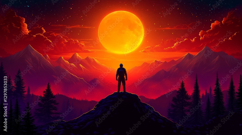 Silhouette on mountain top gazing at a surreal sunset abstract digital art landscape with vibrant celestial sky and geometric texture Silhouette on mountain top gazing at a surreal sunset abstract digital art landscape with vibrant celestial sky and geometric texture