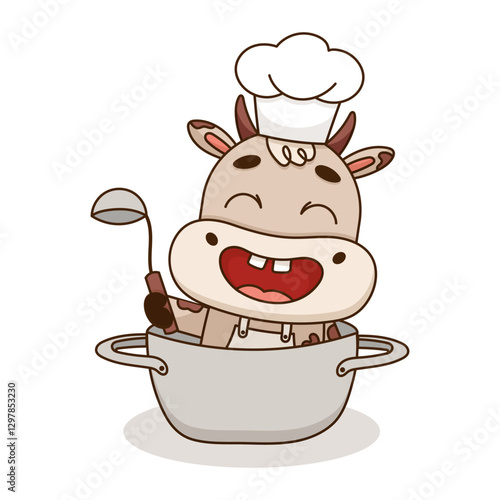 Cute baby chef cow sits in saucepan and holds ladle in her paw. Kawaii little cow cook mascot character. Cartoon vector illustration