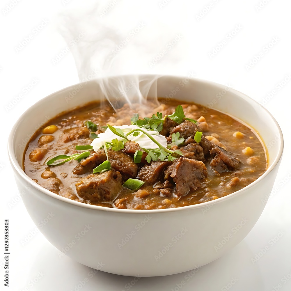 Bowl of haleem slow cooked meat and lentil stew isolated on white background Bowl of haleem slow cooked meat and lentil stew isolated on white background
