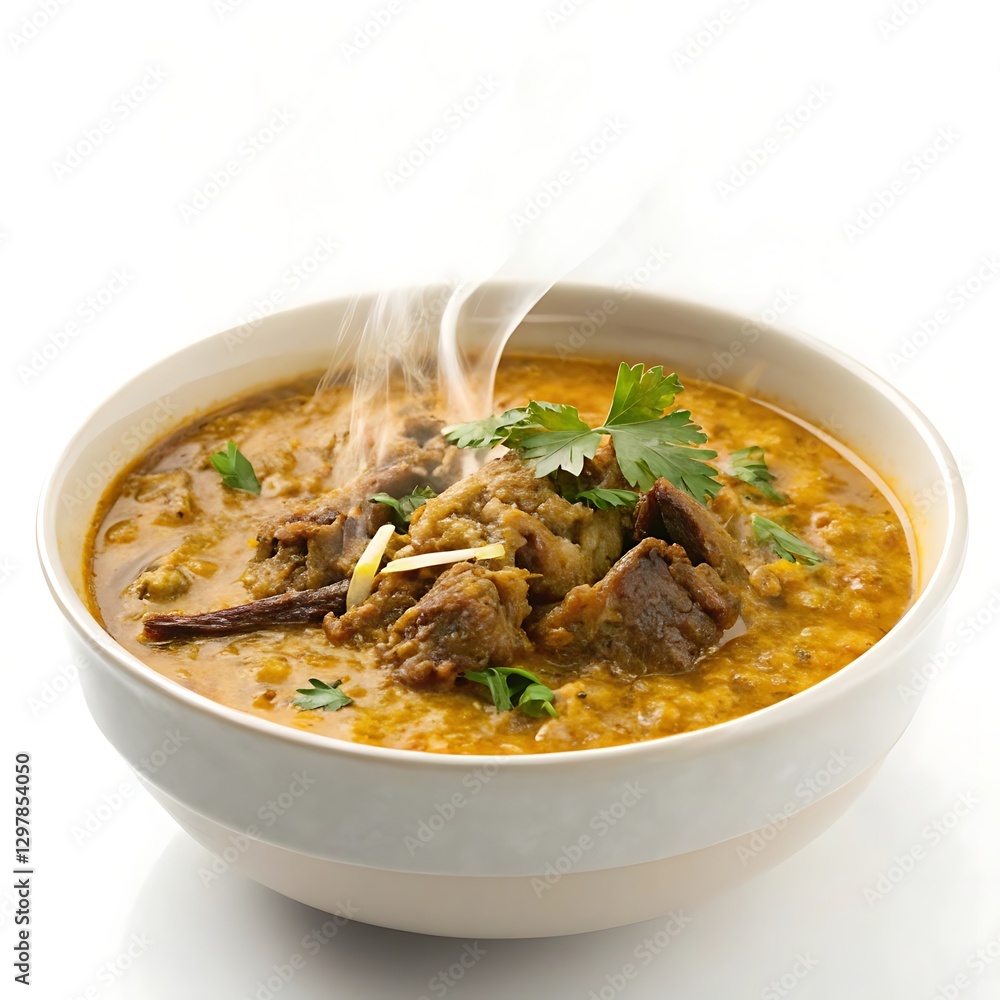 Bowl of haleem slow cooked meat and lentil stew isolated on white background Bowl of haleem slow cooked meat and lentil stew isolated on white background