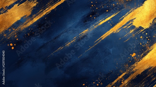 Abstract Navy Blue And Gold Metallic Texture Background Grunge Brush Strokes, Splatter Paint, Elegant Luxury Design, Modern Art, Digital Illustration