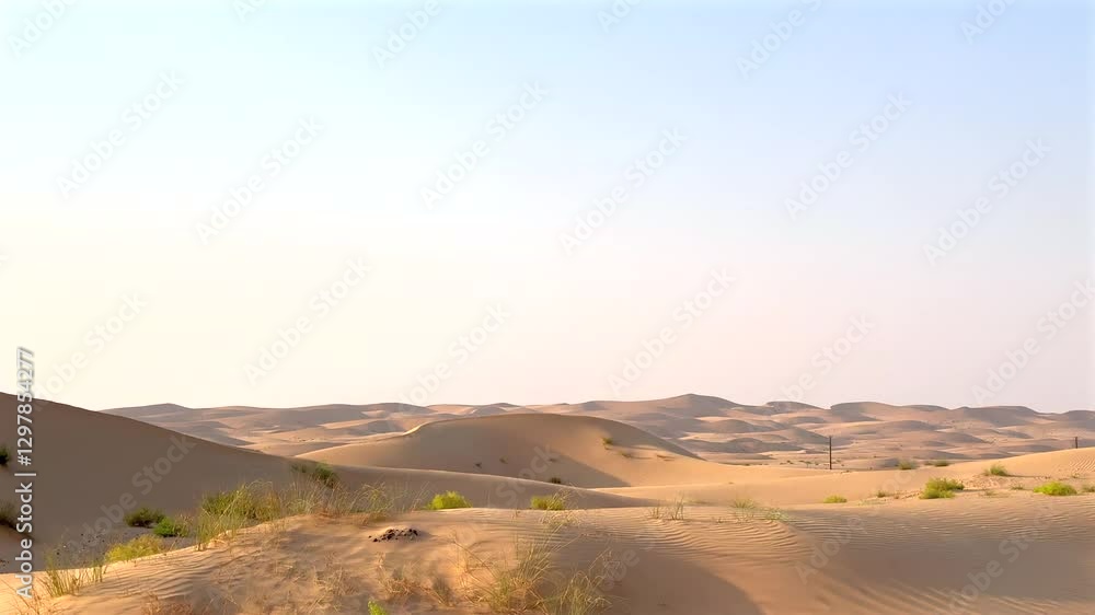 Shadows extend over endless dunes, creating striking contrast between light and sand. Evening desert transforms into timeless landscape, where fading sun paints world in golden tones.