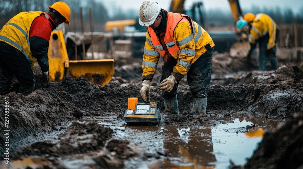 Fototapeta premium A team of environmental engineers conducting soil remediation work at a contaminated site, specialized equipment, such as soil sampling tools, portable analyzers, and excavation machinery.