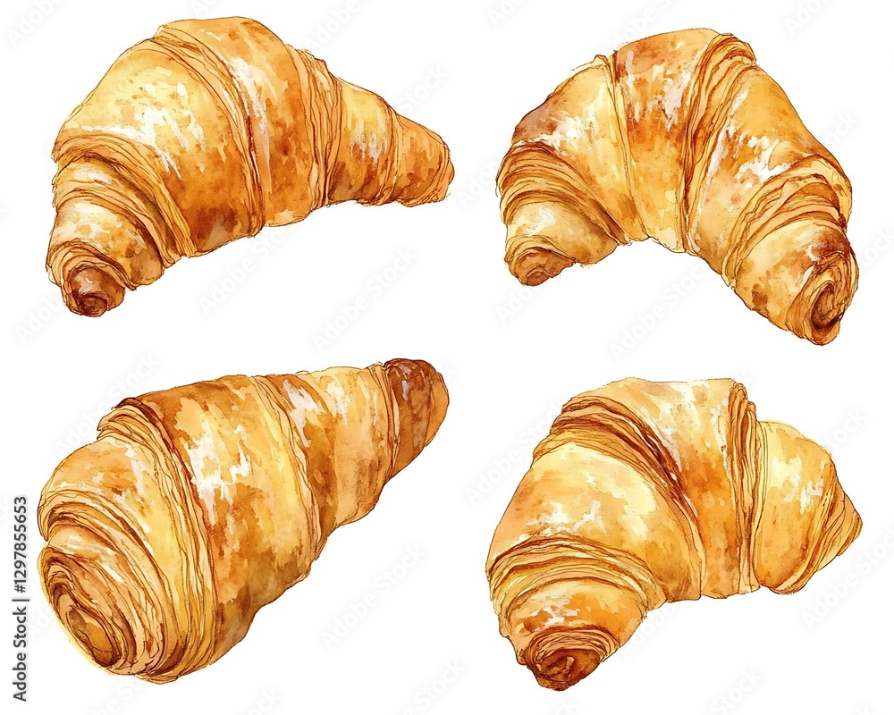 Four croissants, bakery, food, white background, recipe Four croissants, bakery, food, white background, recipe