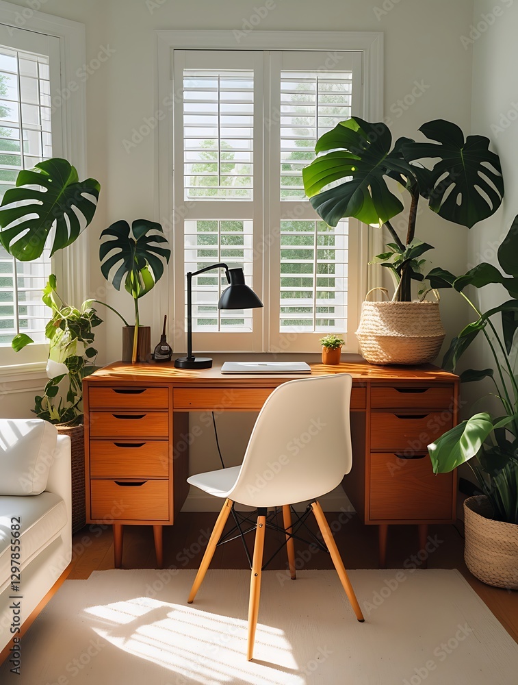 Fototapeta premium Bright and cozy home office with a wooden desk, white chair, large windows, and lush green plants, creating a modern and inspiring workspace with natural light and minimalistic decor