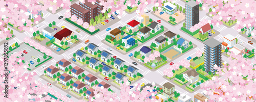 桜咲く春の街並みのイラスト. アイソメ図.