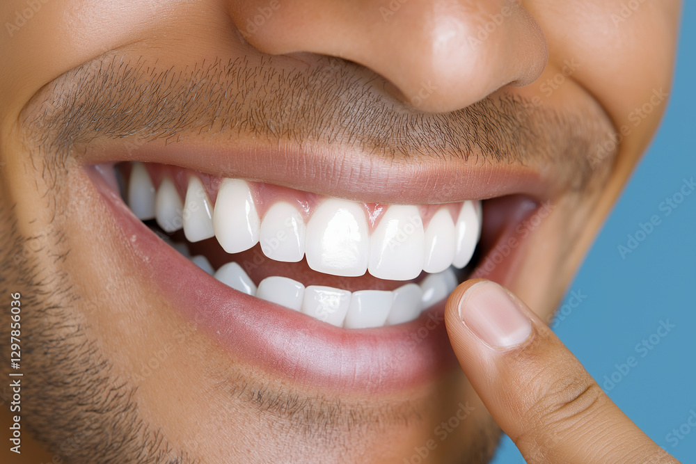 Fototapeta premium Close-up of a smiling man pointing at his perfect white teeth, close-up on a blue background, a stock photo for a dental clinic advertisement. This award-winning shot has a hyper-r