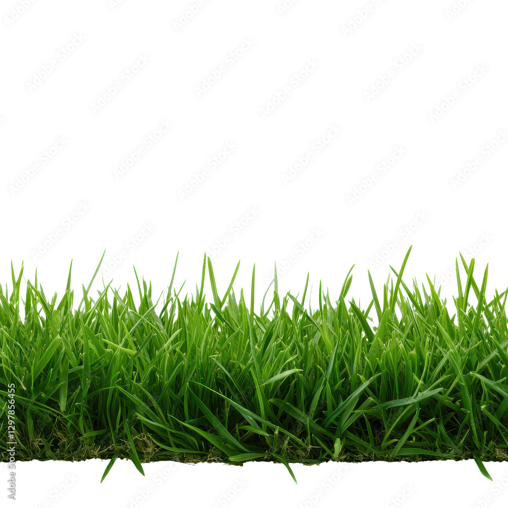 Obraz premium Fresh green grass blanket, vibrant lush blades creating a natural carpet, ideal for outdoor settings or nature-themed designs. Isolated on white background or PNG